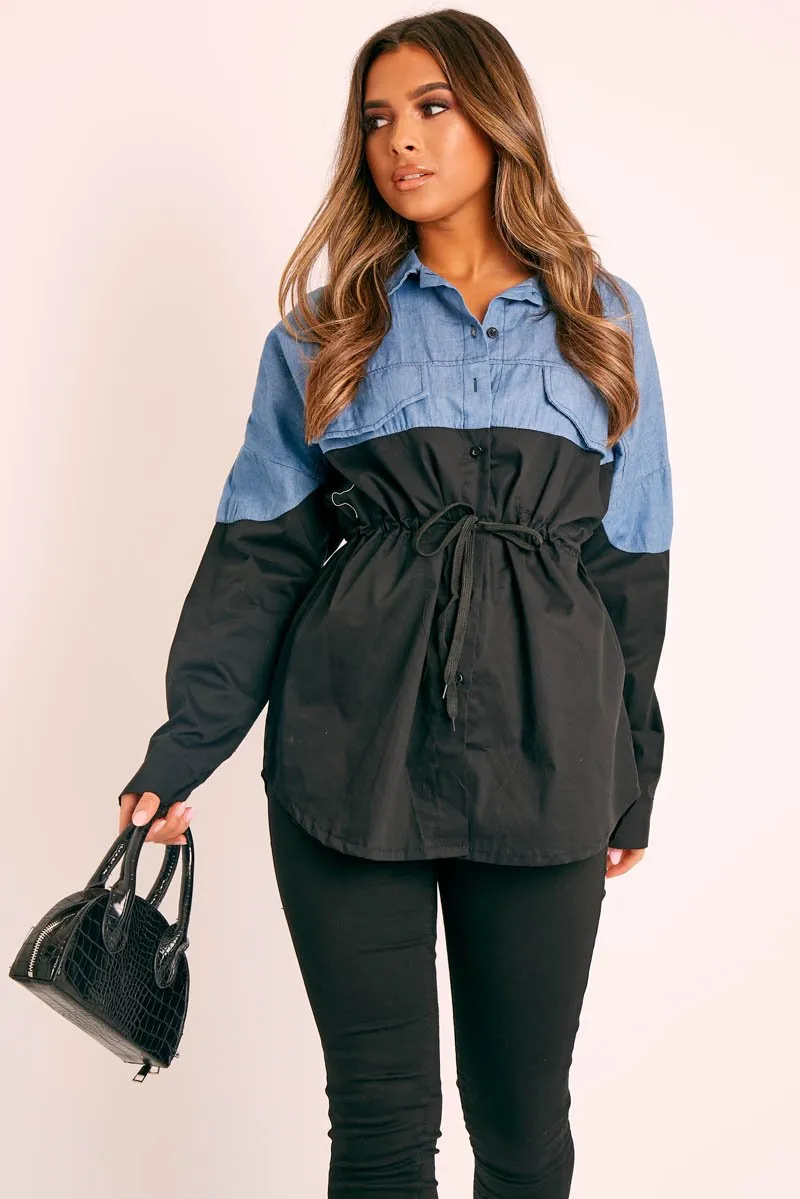 Black Colour Block Denim Shirt - Jaiya