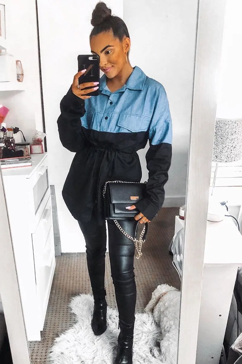 Black Colour Block Denim Shirt - Jaiya