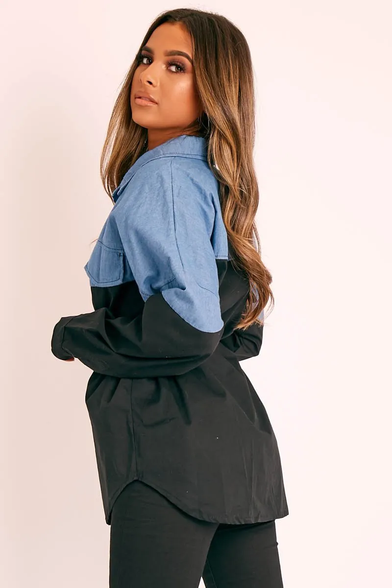 Black Colour Block Denim Shirt - Jaiya