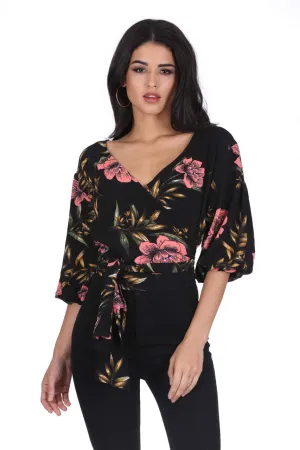 Black Floral Wrap Top