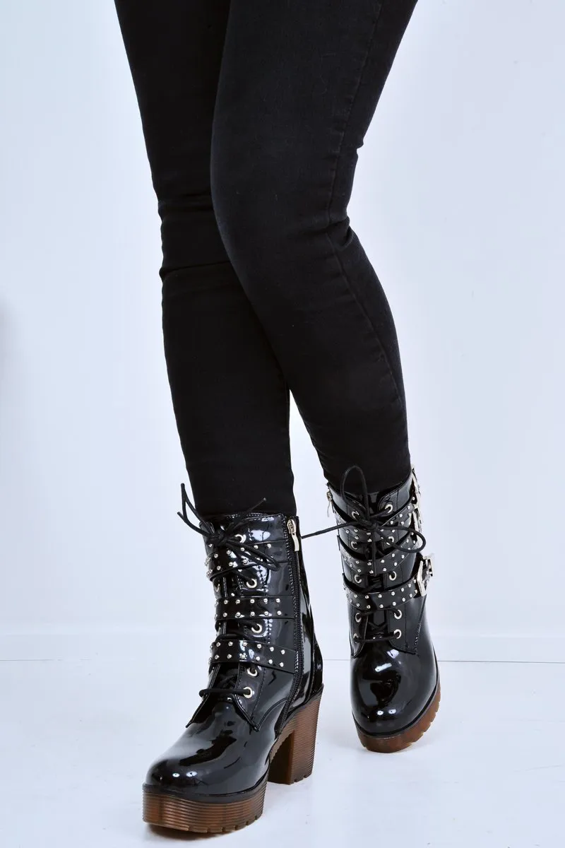 Black Patent Stud Buckle Detail Chunky Heeled Boots - Isra