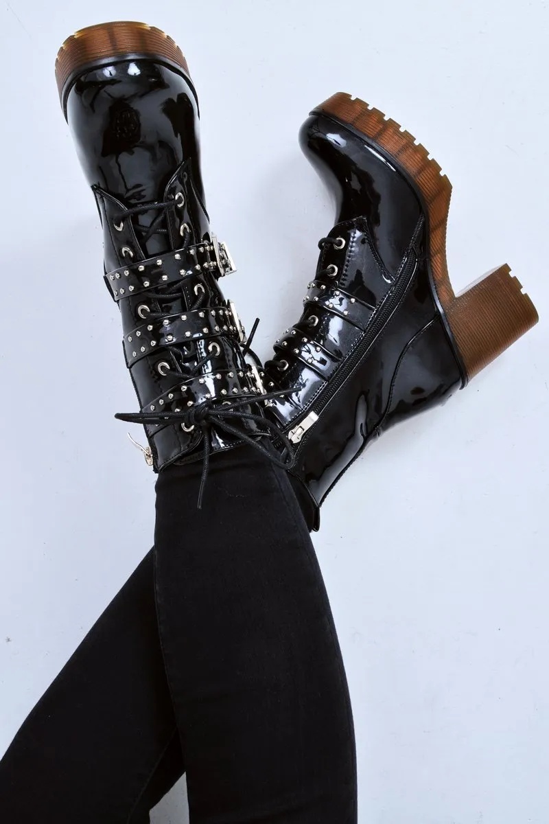 Black Patent Stud Buckle Detail Chunky Heeled Boots - Isra