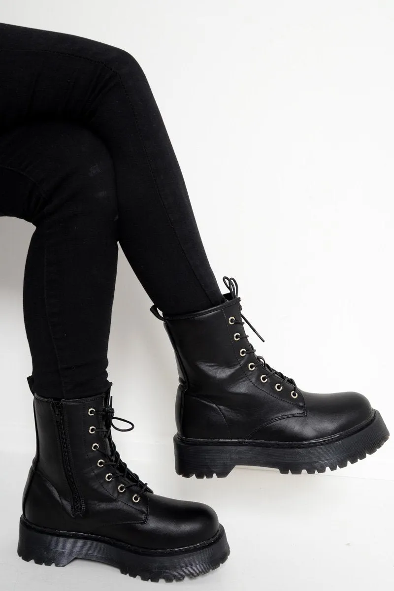 Black PU Chunky Biker Boots - Adaliz