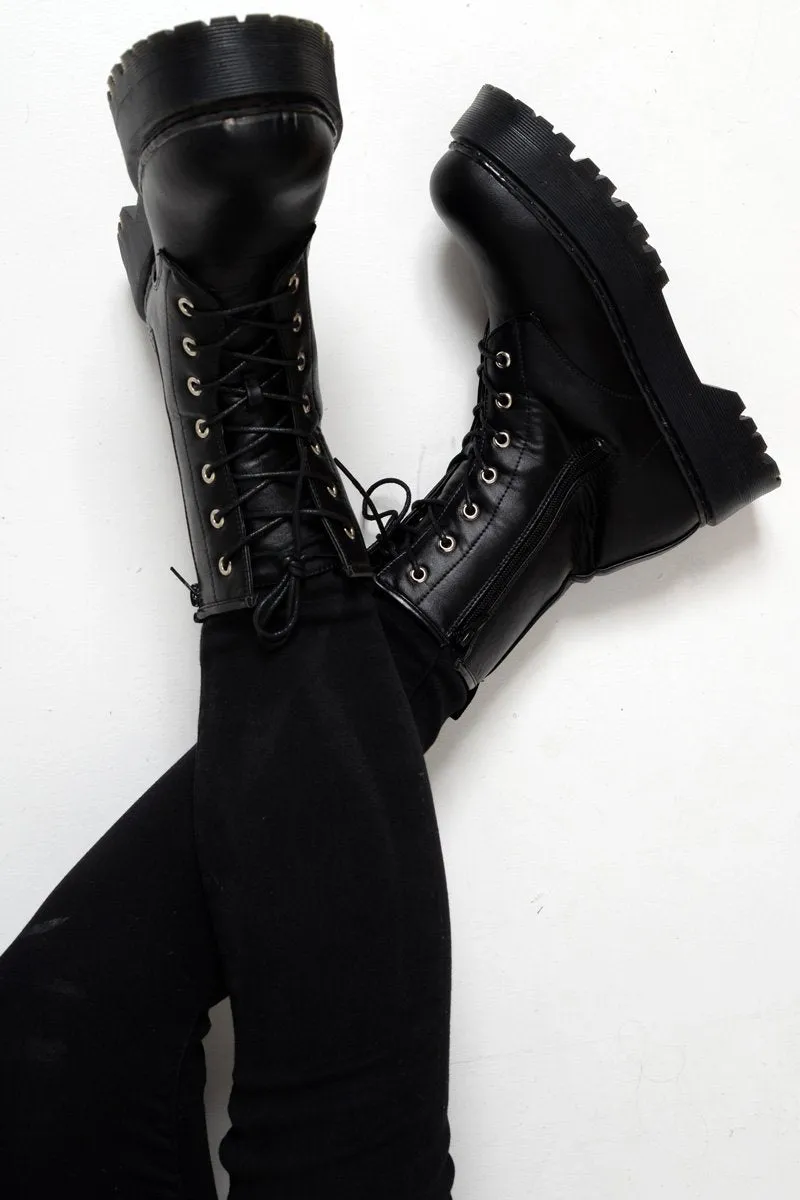 Black PU Chunky Biker Boots - Adaliz