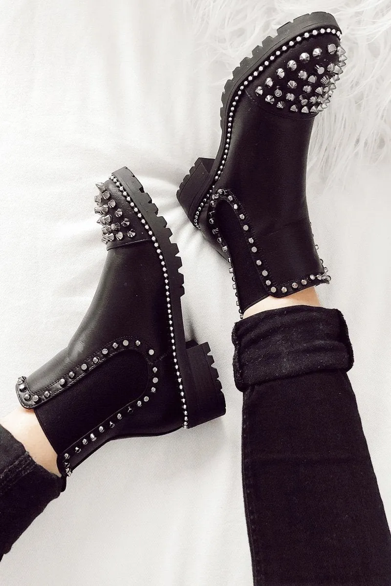 Black PU Stud Detail Chunky Boots - Amarra