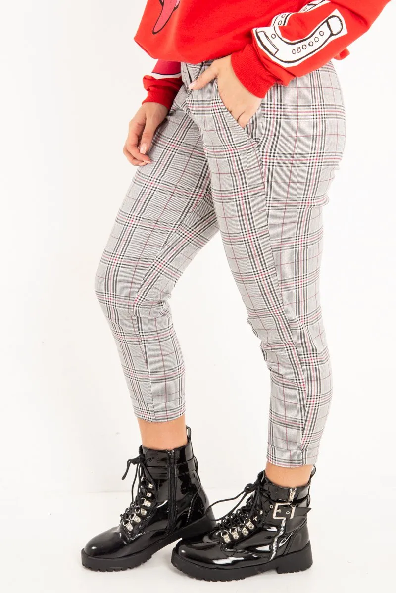 Black Red Check Ruffle Waist Skinny Trousers - Lecy