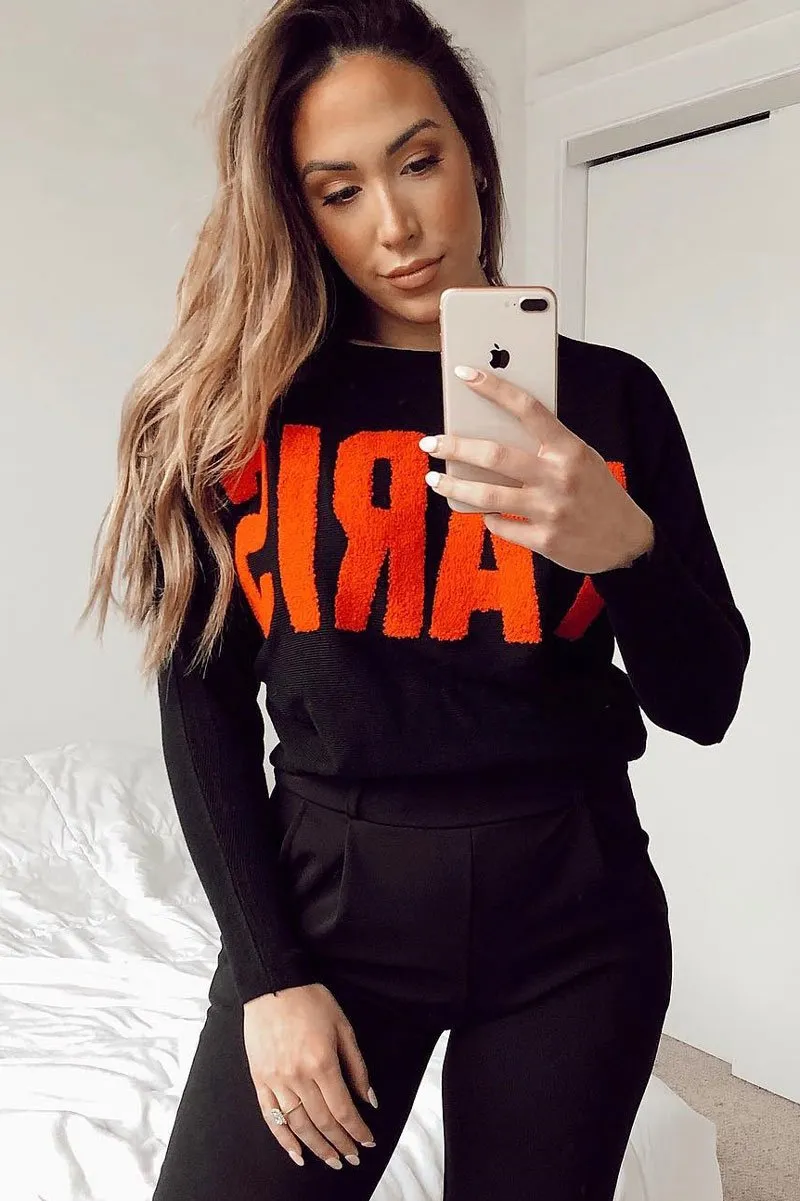 Black Rib Knit Paris Slogan Jumper - Khylah