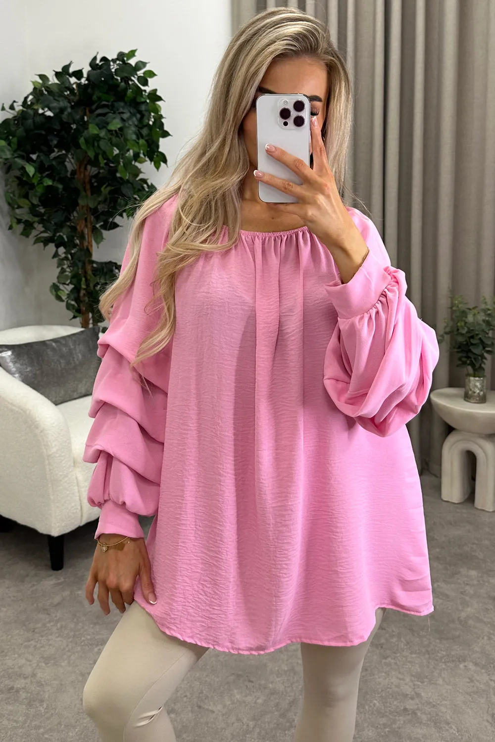 Chella Pink Tier Long Sleeve Bardot Top