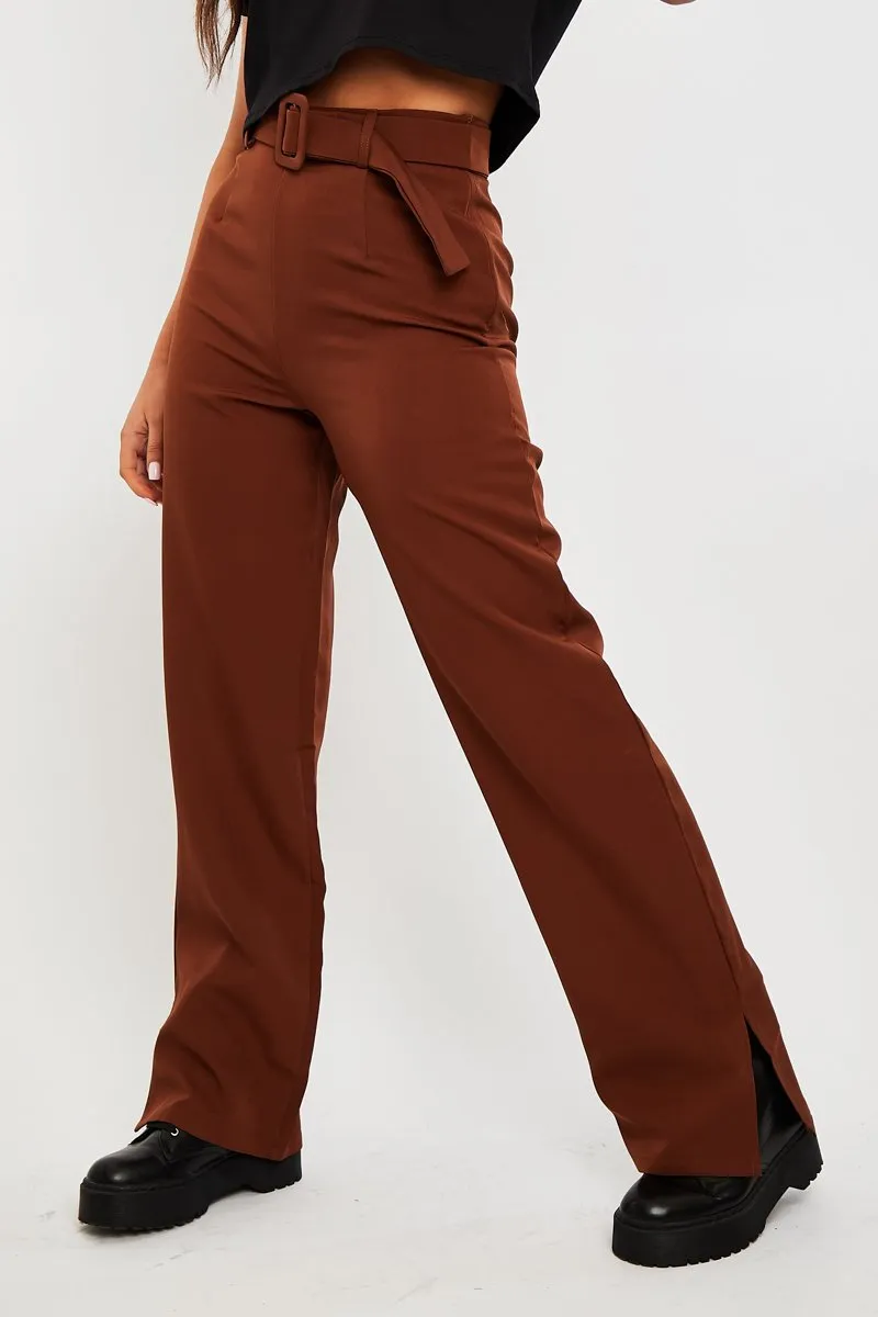 Chocolate Brown Belted Waist Wide Leg Trouser - Kaena