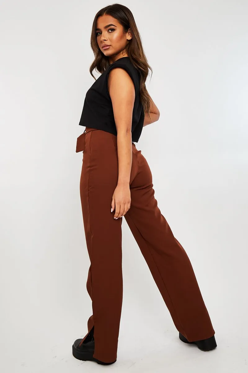 Chocolate Brown Belted Waist Wide Leg Trouser - Kaena