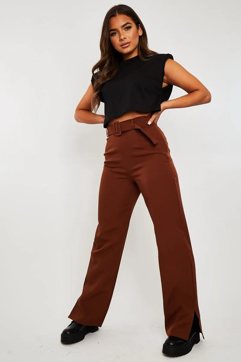 Chocolate Brown Belted Waist Wide Leg Trouser - Kaena