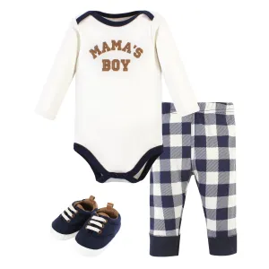 Hudson Baby Cotton Long Sleeve Bodysuit, Pant and Shoe Set, Brown Navy Mamas Boy