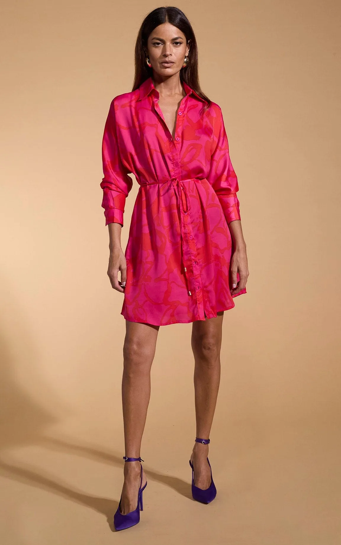 Melody Mini Shirt Dress in Red on Pink Abstract Floral